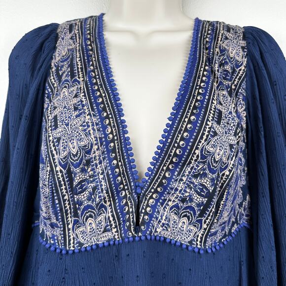 Free People My Love Mini Dress Long Sleeve Swing Pom Pom Paisley Blue Med Boho - Picture 5 of 16